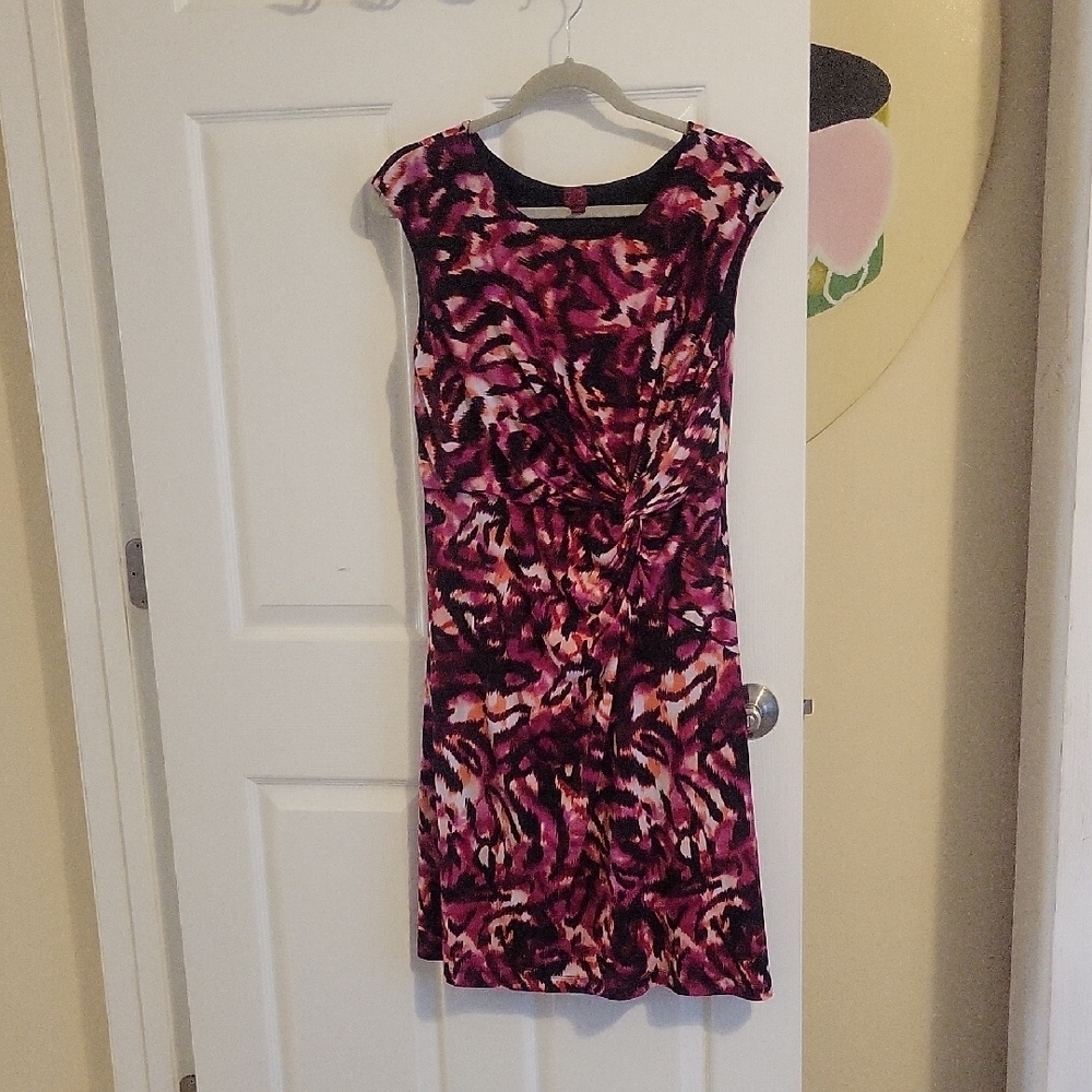 212 Collection Pink and Black Abstract side gather sleeveless Midi Dress SzMed